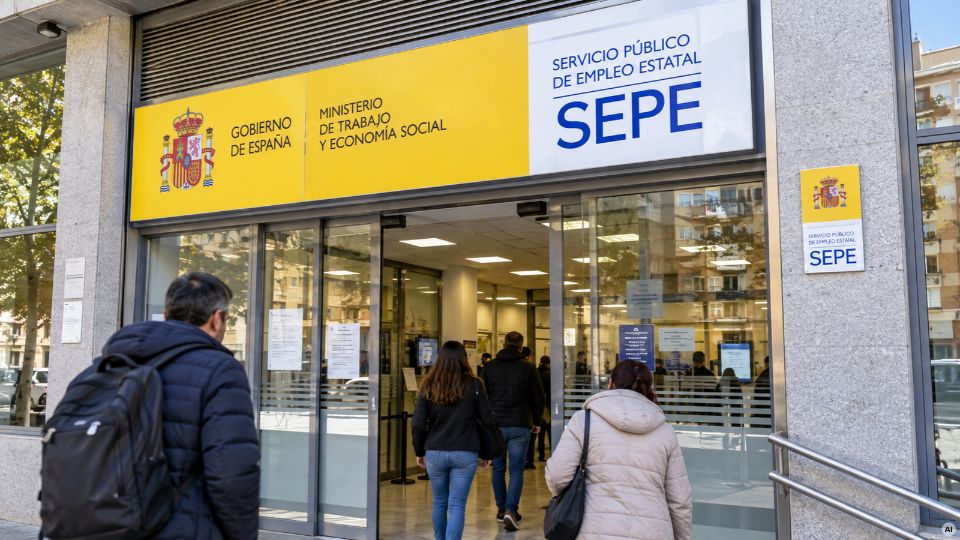 Ilustración de la entrada de una oficina del Servicio Público de Empleo Estatal (SEPE) con personas entrando